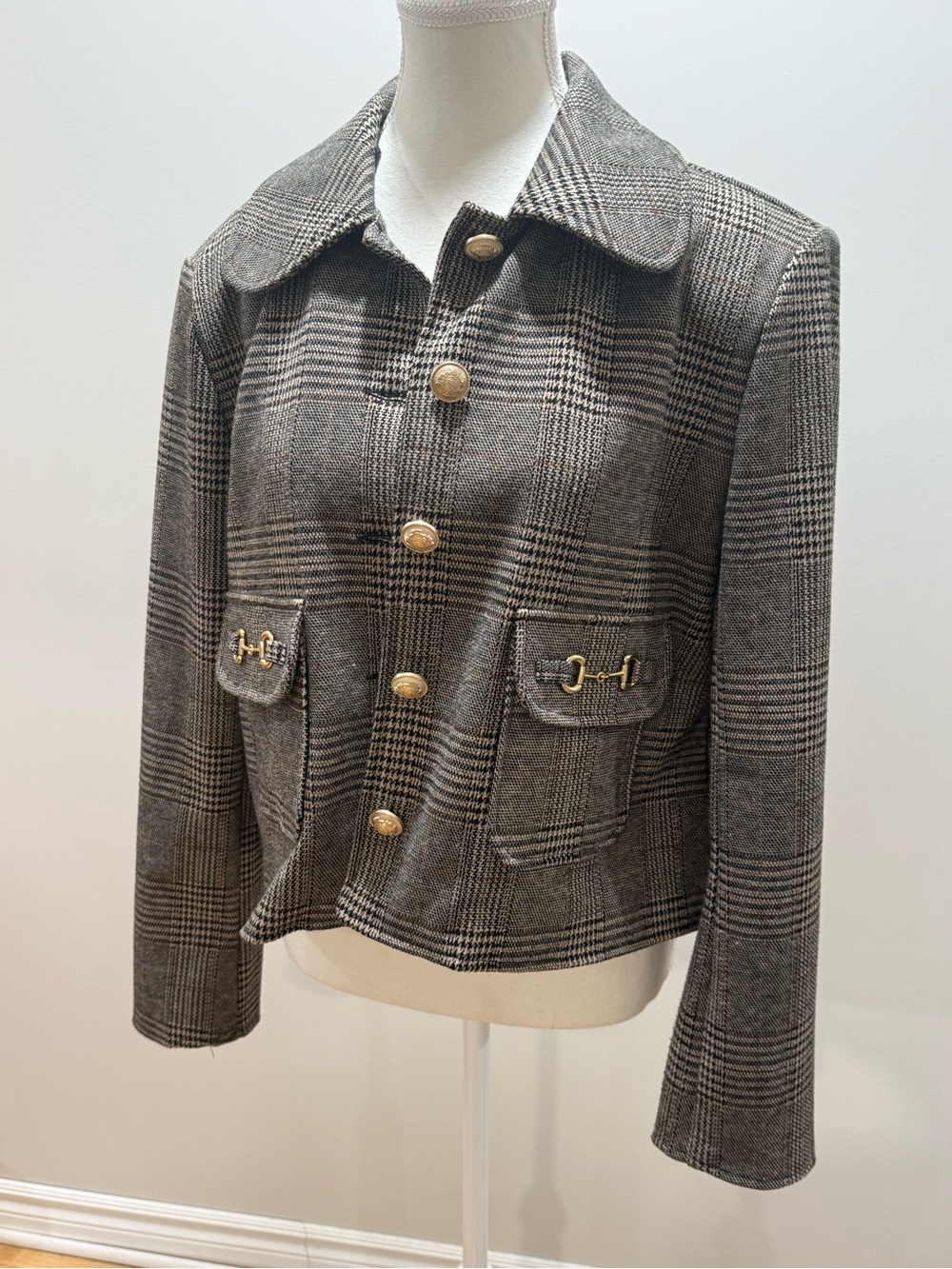 Plaid Wool-Blend Cropped Blazer with Gold Accents - Brown/Gray